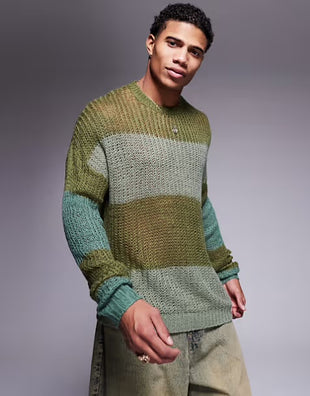 ASOS DESIGN – Strickpullover aus weitmaschigem lockerem Strick in Khaki gestreift